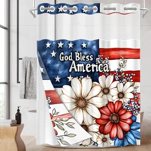 1PC 2D Flat God Bless America Flag Daisy Shower Curtain, Independence Day Floral Design, American Patriotic Bathroom Curtain (No Hooks)