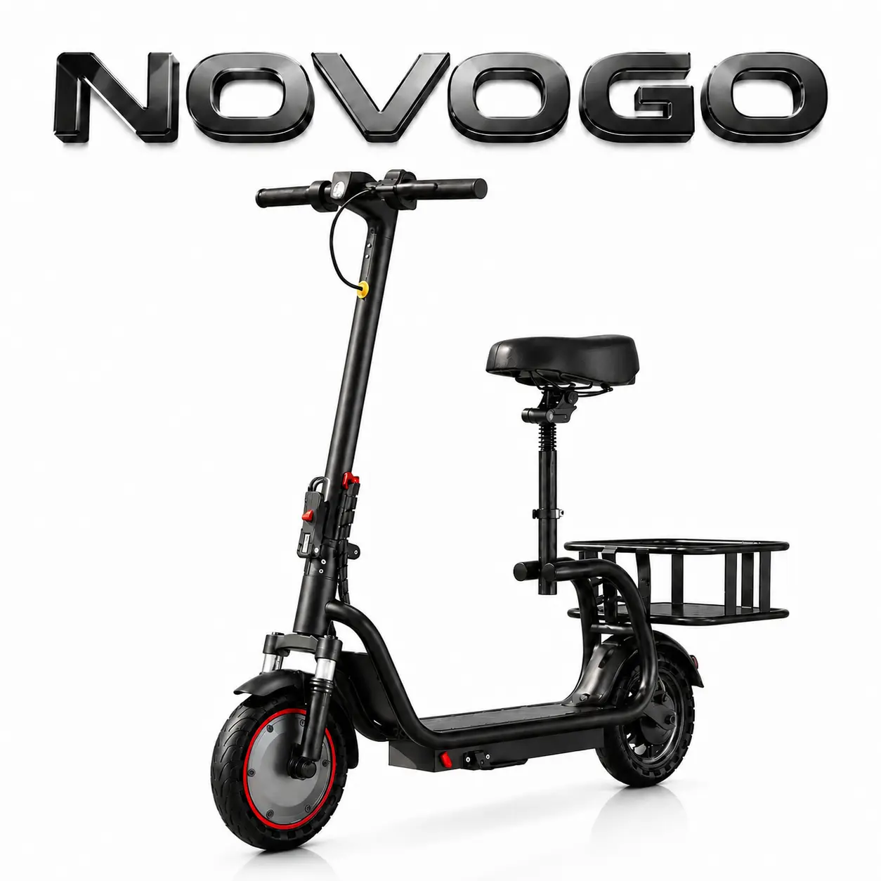 E-Scooter with Seat and Rear Basket for Adults, 350W Motor, 19 MPH Top Speed, 15-19 Miles Range, 8.5" Solid Tires, Adjustable Seat, Foldable Electric Scooter for City Commute, Grocery Shopping and Pet Travel