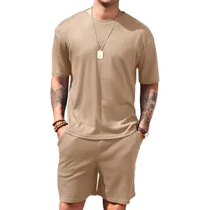 Mens Short Sets 2 Pieces Outfits Waffle Knit Lounge Set Short Sleeve Summer Casual Tracksuit
