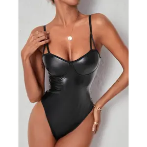 Sexy Backless PU Leather Strap-on Body Suit Black Fabric Womenswear Bodysuit Tops Comfort Polyester Sleeveless