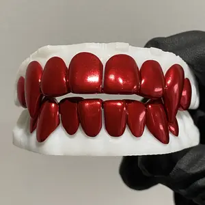 Custom Red Electroplating Solid 925 Silver Deep Cut Teeth Grillz