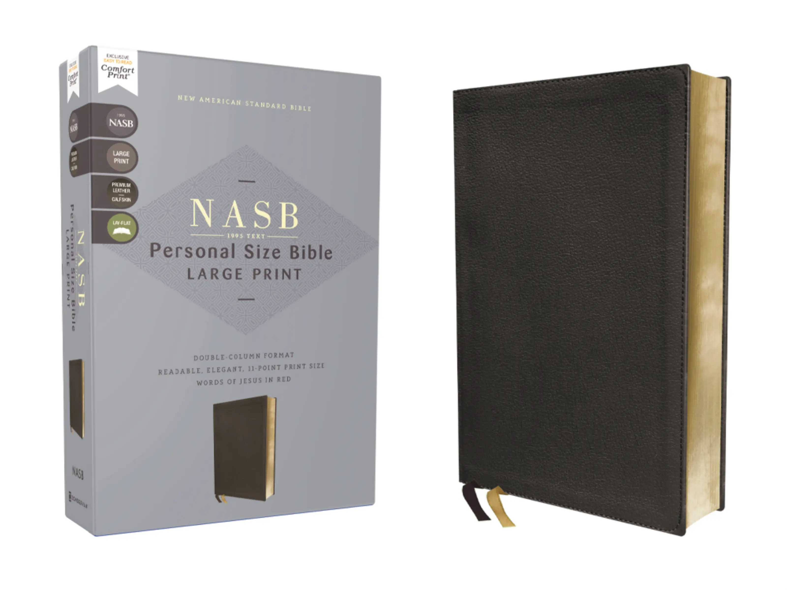 NASB, Personal Size Bible, Large Print, Genuine Leather, Calfskin, Black, Red Letter, 1995 Text, Comfort Print by Zondervan [Leatherbound Book]