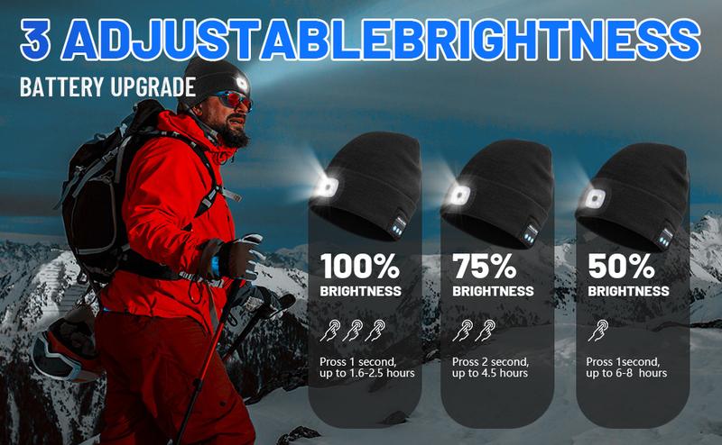 Bluetooth Beanie with a Light, Unisex USB Rechargeable 4 LED Fashlight Hat with Cordless Headphones, Unique Christmas Birthday Gifts for Men Him Husband Teen Black