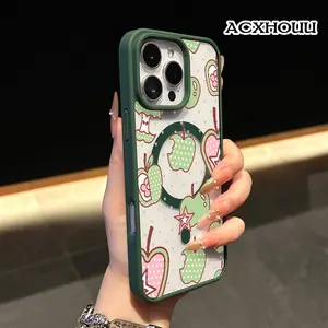 Magnetic Protective Case for iPhone 16 E Pro Max 15 Plus 14 13 12 11 XS XR, Vintage Cute Green Apple Doodle Print Vibes | Shockproof, Aesthetic, Silicone, Lightweight, and Scratch Resistant