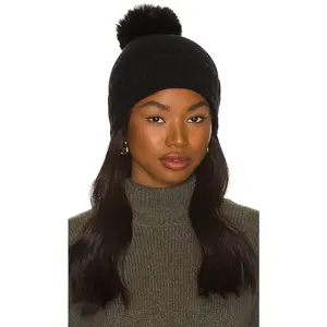 Hat Attack Cashmere Slouchy Cuff Beanie with Faux Fur Pom in Black