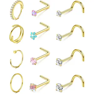 YADOCA Nose Rings for Women - 14K Gold Filled Hypoallergenic Surgical Steel Nose Ring Hoops 18G/20G/22G Small Cute CZ Screw L Shaped Nose Studs Piercings Jewelry for Women Men 12Pcs