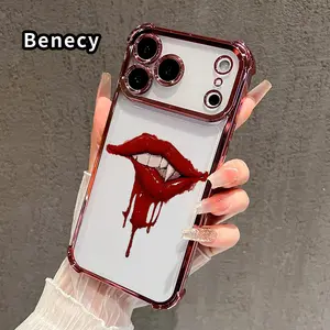 Phone Case for iPhone 17 16 Pro Max 15 Plus 14 13 12 11 E Air Vampire's Bloody Lips Four Corners Air Cushion Pattern Anti-drop Cell Electroplated Transparent Silicone Cover