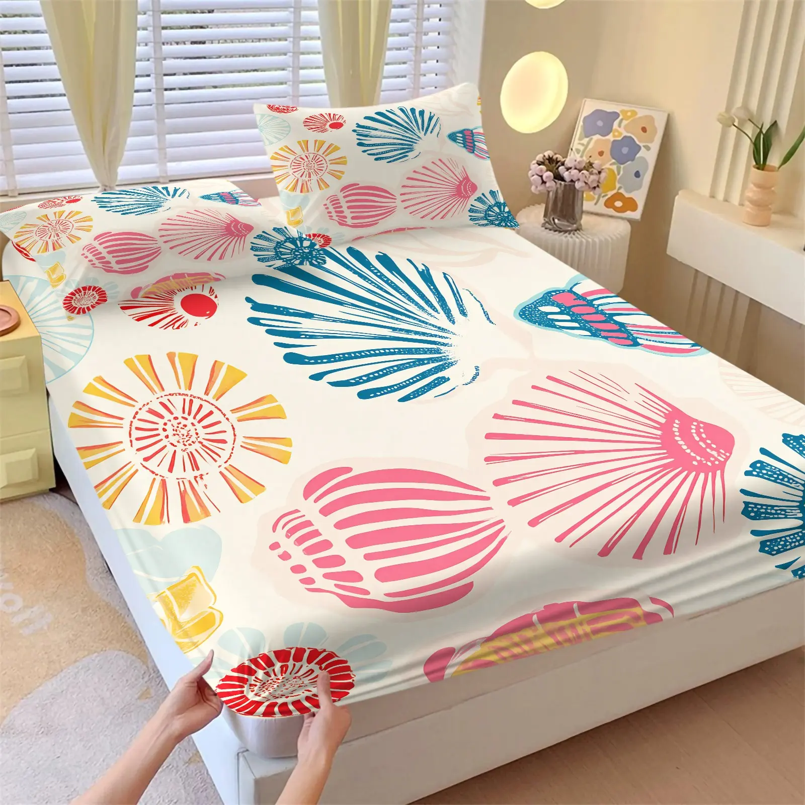 Summer Ocean Shell Theme Fitted Sheet Set, 1 Fitted Sheet & 2 Coreless Pillowcases, Watercolor Hand-Drawn Shell and Coral Patterns, Soft Breathable Fabric Anti-Slip, Nordic Fresh Style Bedroom Decor