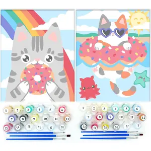 Paint by Numbers for Kids Ages 8-12 - Cat Donut Painting by Number Kits with Pre Drawn Canvas Boards, Small Animals Paint and Sip Kit for Beginner Artist, Easy Acrylic Paint-By-Number