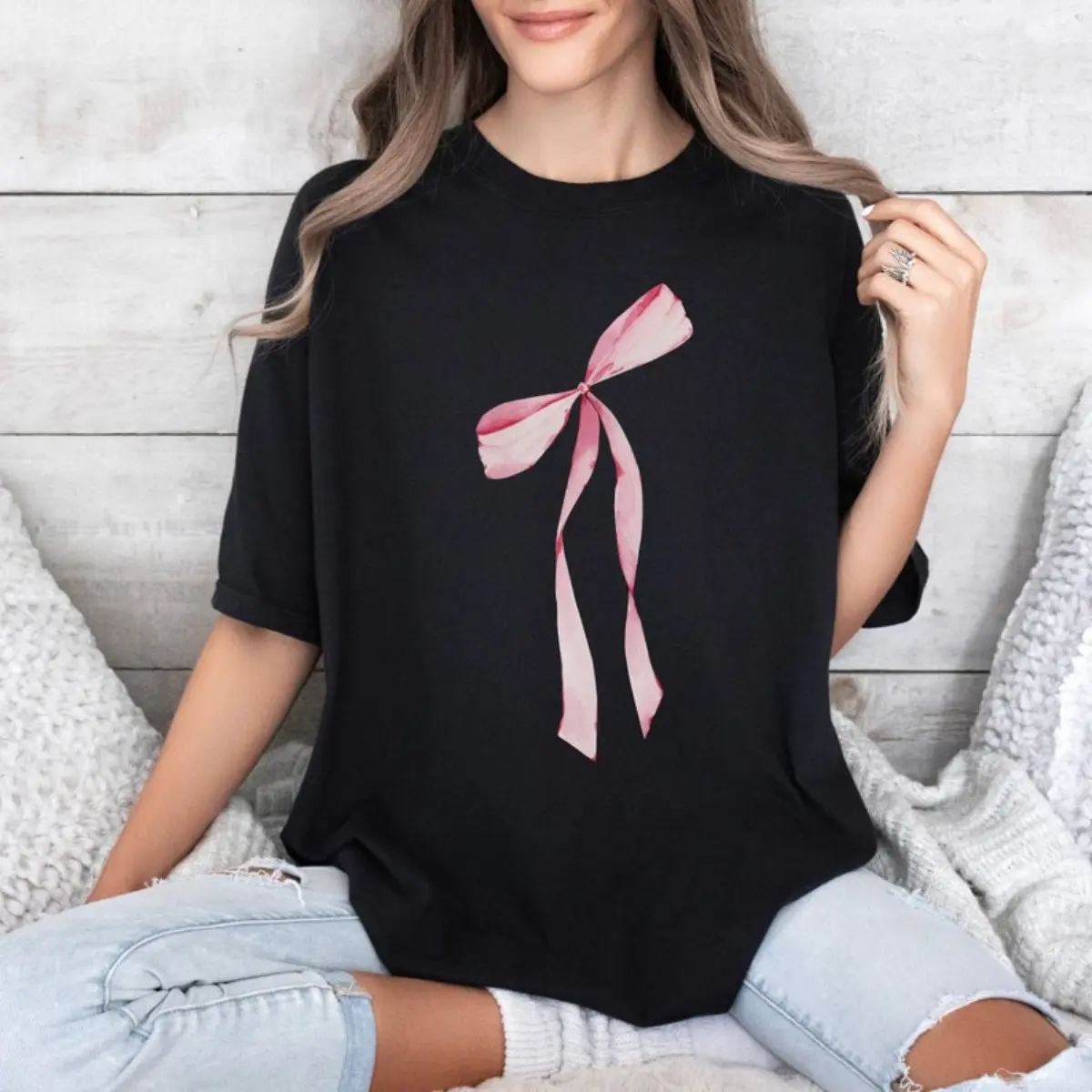 Pretty Pink Bow T-Shirt, Ribbon Tee, Cute Ribbon Shirt, Girly Top Preppy Premium Shirt Sizes S to 3XL, Comfort Colors