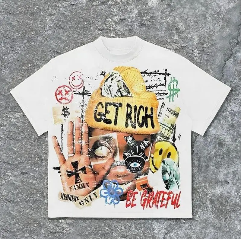 Vintage Get Rich Abstract Graphics Cotton T-Shirt, Casual Y2k Streetwear Top Tee for Men Women, 90s Graphic Tee