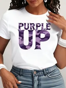 Women's Casual T-Shirt | PURPLE UP Month of the Military Child, Purple Camouflage, Comfortable Loose Fit, Round Neck, Printed, Suitable for Spring, Summer, Autumn, Machine Washable