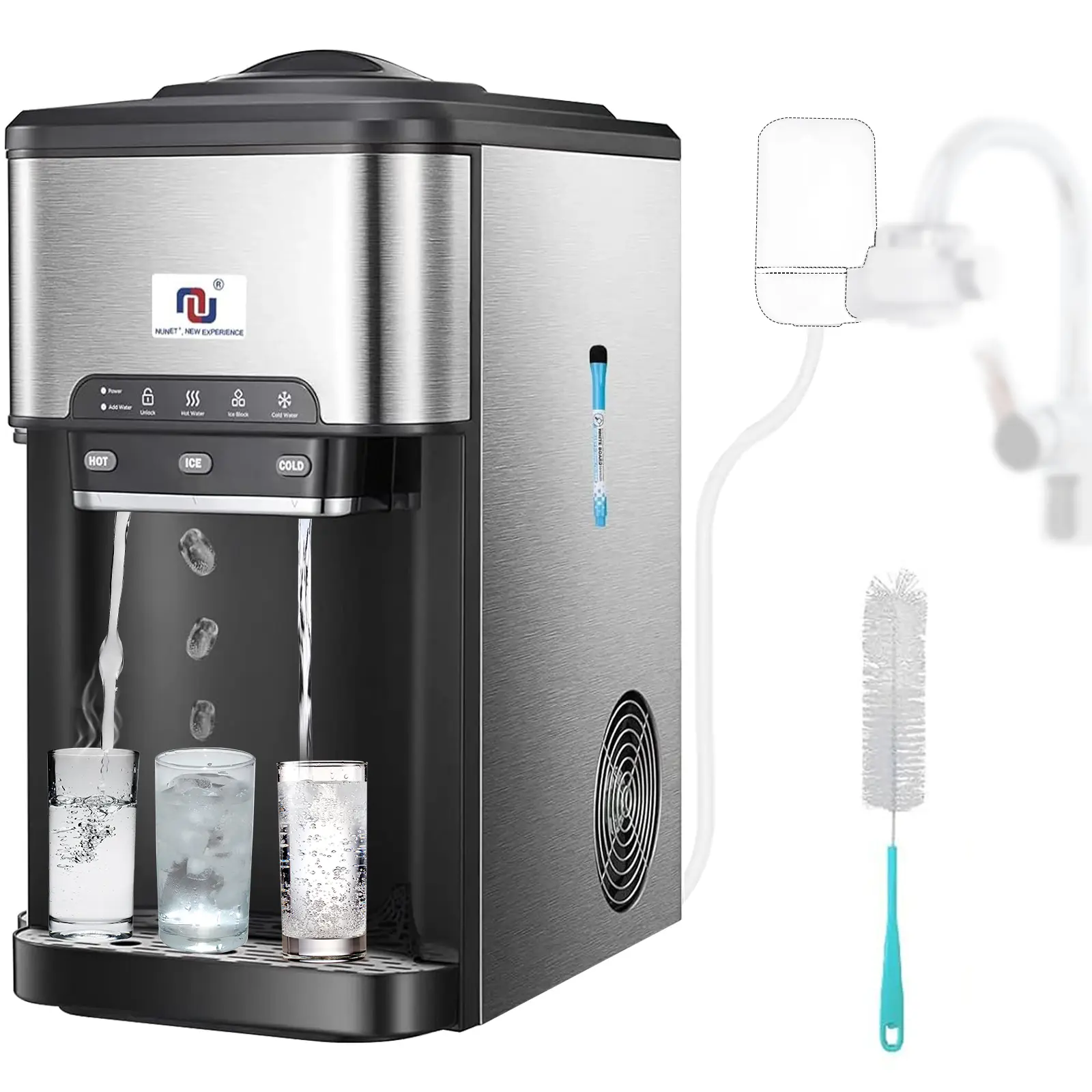 NUNET 3-in-1 Ice Maker Water Dispenser, Hot & Cold Water Cooler with 10ft Water Inlet Hose, 1/2" & 1/4" Connectors, 44 lbs Daily Ice Production, 4 lbs Ice Storage Capacity