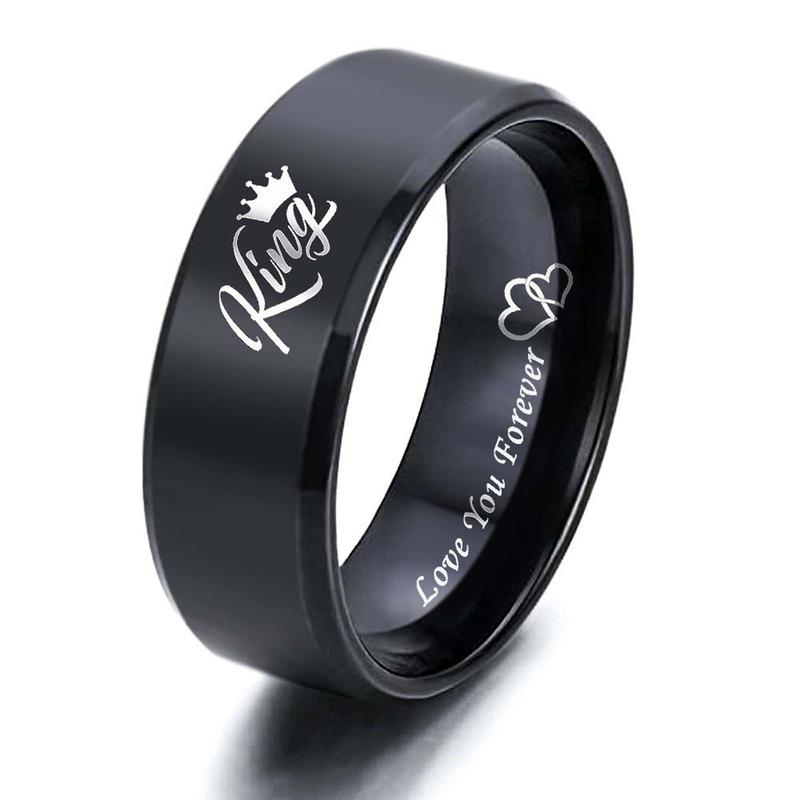 Black King Queen Letters Love You Forever Heart to Heart Couple Ring Titanium Steel Unisex Jewelry