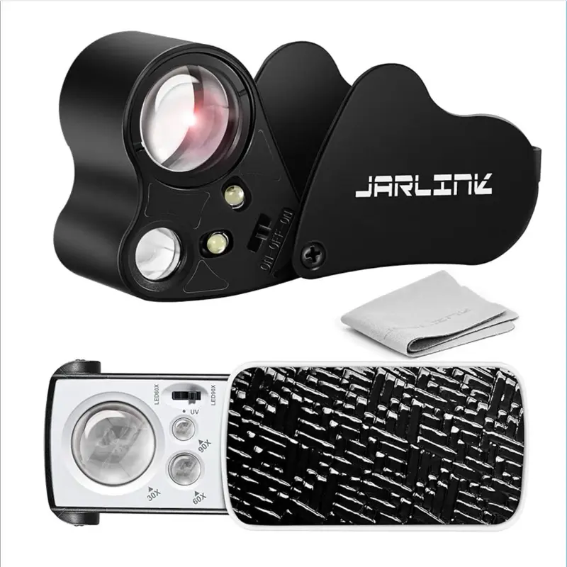 JARLINK 2-Pack Handheld Trifold Jewelers Loupe Dual Magnifying Glasses - 30X-60X-90X Illuminated Eye Magnifier with UV Black Light, Bright LED Light for Coins, Collectibles, Antiques, Rocks (Black, Acrylic Glass), Stamps