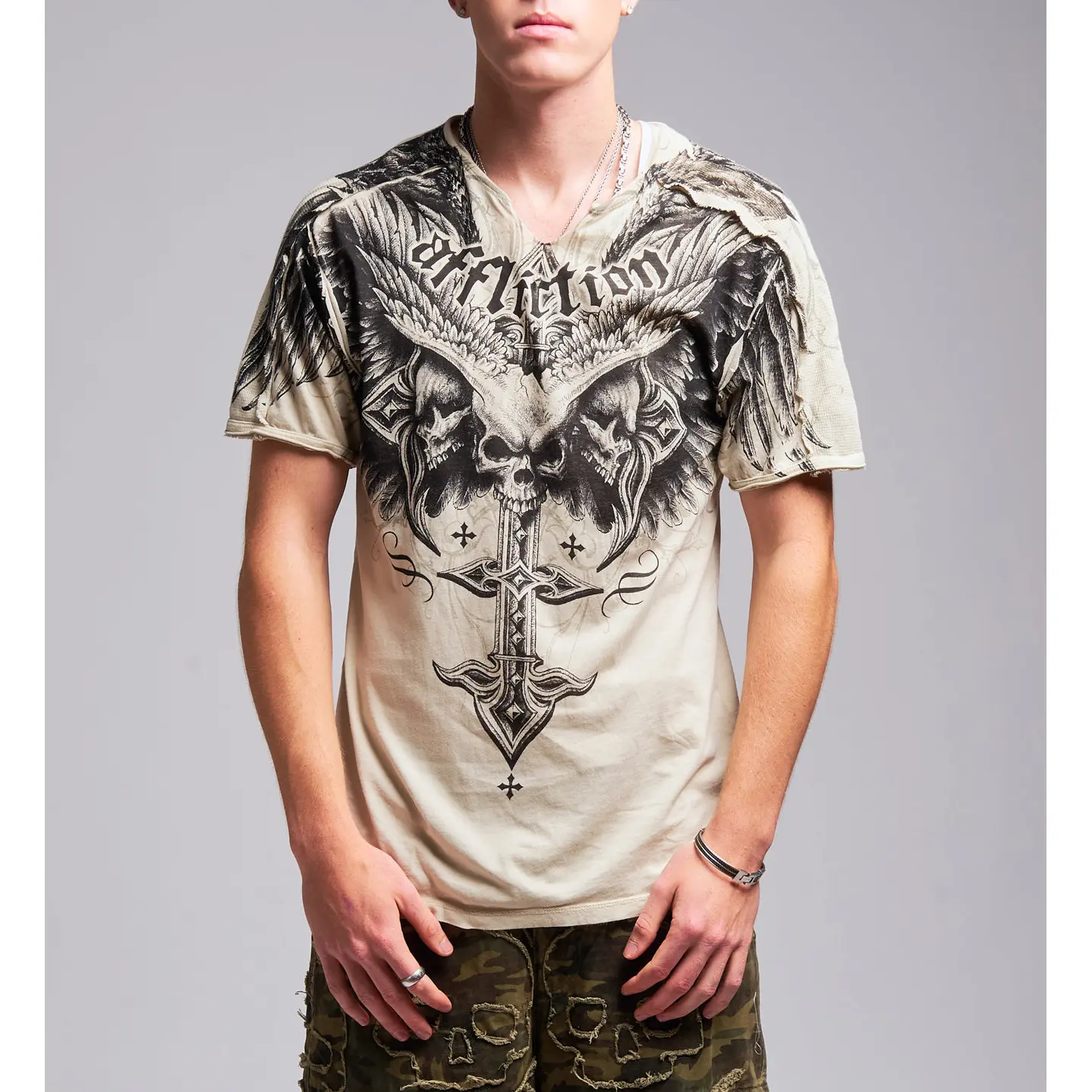 Affliction Men's T-shirt Death Eyes Slit Neck
