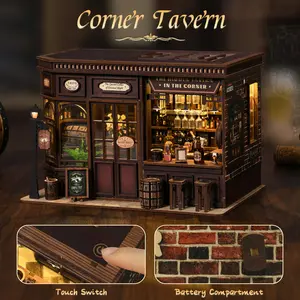 DIY Book Nook Kit (Corner Tavern) – Mini Dollhouse with Furniture, LED Light, and 3D Wooden Puzzle Bookend