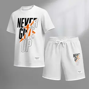 Men's Never Give Up Print Drawstring Shorts Set For Spring/Summer. Including A Short-Sleeved Shirt And Shorts, Suitable For Everyday Wear And Sports. A Two-Piece Set For A Relaxed And Energetic Lifestyle.
