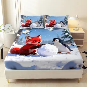 3pcs Cartoon Fox Fitted Sheet Set All Seasons Decorative Mattress Cover Animal Mattress Protector Boho Bedding Set Bedroom Decor for Home Guest Room Decor 1 Fitted Sheet+2 Pillowcases Without Core