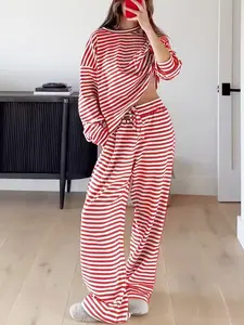 Women's High-Waisted Striped Long Sleeve Top & Pants Set, Casual Fashion, Casual Sportswear for Fall Winter Yoga Sports Outdoor Activities
