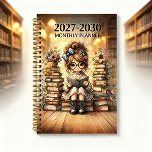 January 2027 - December 2030, 4-year monthly planner, girl reading themed cover design notebook, annual calendar planning, monthly tabs, 48-month calendar, 5.5 inches x 8.3 inches thickened paper, elastic cover, durable double-wire spiral binding, laminat