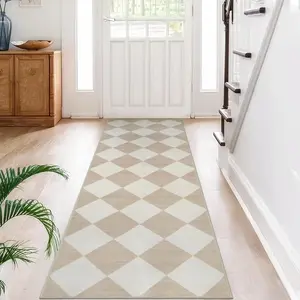 Checkered Print Carpet Runners for Hallway 6ft, Beige Ultra Thin Washable Kitchen Runner Rug Non Slip, Moroccan Plaid Faux  2x6 Rug for Bedroom Bathroom Entryway