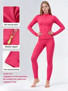 Golden Zipper Women Two Piece Tracksuit, Soft Brushed Long Sleeve Jacket with Thumbholes and High Waist Leggings, Casual Sports Outfit with Golden Zippers Pockets, Buttery Soft Stretchy Breathable Skin Friendly for Daily Workout & Daily Wear