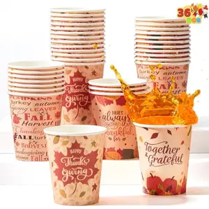 36 PCS Thanksgiving Disposable Cups,9 oz Pumpkin Maple Leaves Paper Cups, for Juice, Coffee, and Hot/Cold Drinks, 4 Charming Designs for Thanksgiving Party Fall Leaves Harvest Decoration