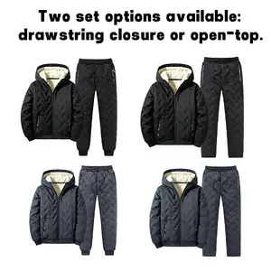 Men’s fleece-lined winter two-piece athletic set featuring a quilted windproof zip-up hooded jacket and two pant options; provides warmth in extreme cold for casual wear, suitable for skiing, fishing, hiking, and everyday commuting.