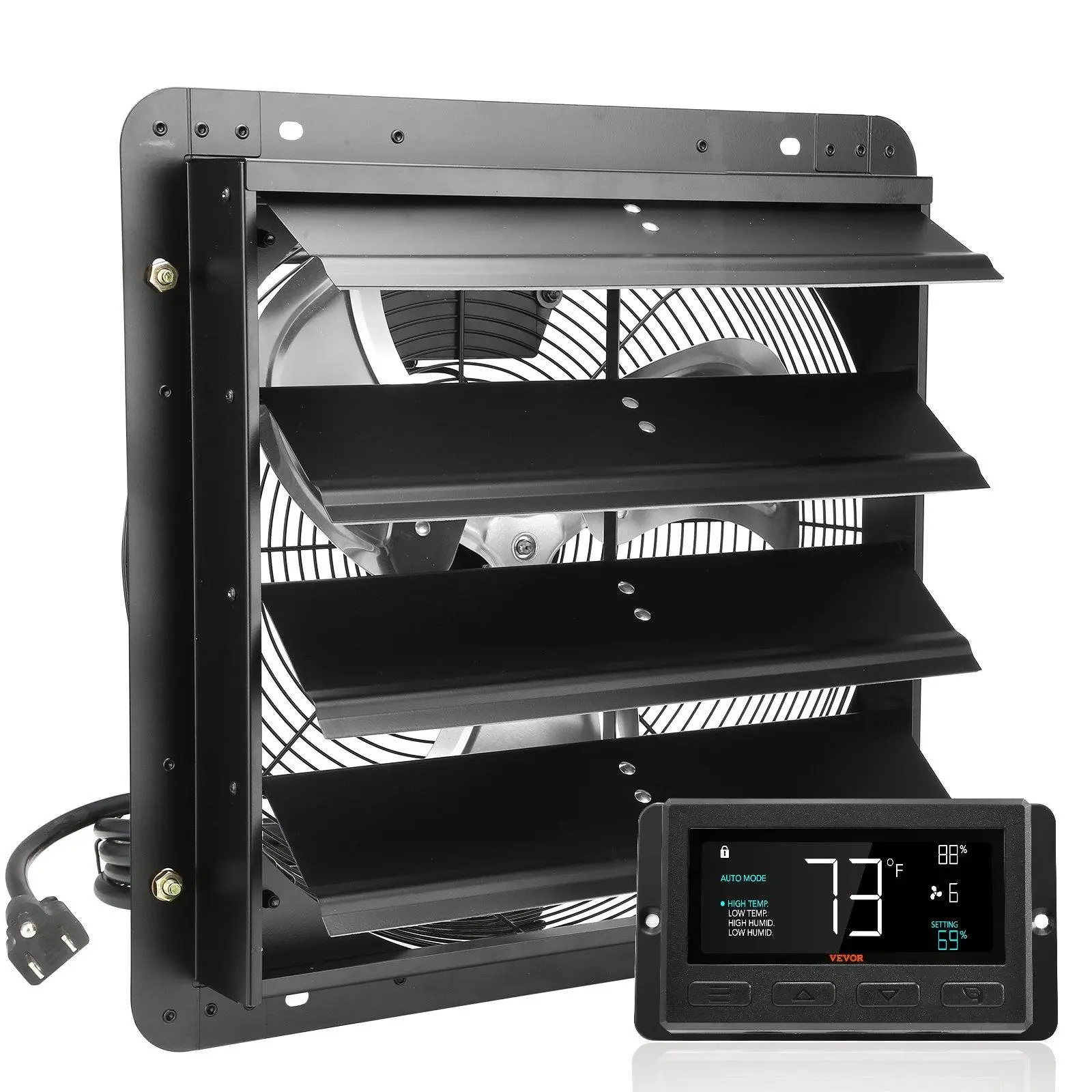 【FathersDayGift】VEVOR Shutter Exhaust Fan, 16'' with Temperature Humidity Controller, EC-motor, 2650 CFM, 10-Speed Adjustable Wall Mount Attic Fan, Ventilation and Cooling for Greenhouses, Garages, Sheds, ETL Listed  With or without a controller