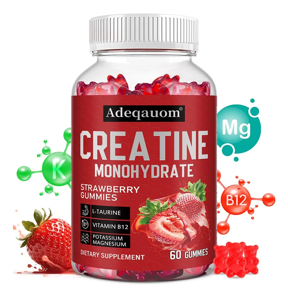 Adeqauom Creatine Gummies 5g per Serving - Strawberry Pre Workout Muscle Builder with B12 & Taurine - No Shaker Needed