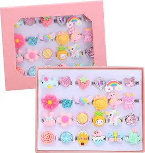 Mother Day Gift 24pcs Little Girl Jewel Rings, Adjustable, No Duplication Kids Play Ring in Box,Pretend Play and Dress Up Rings for 4-12 Year Old Girl Birthday Christmas Holiday Gifts