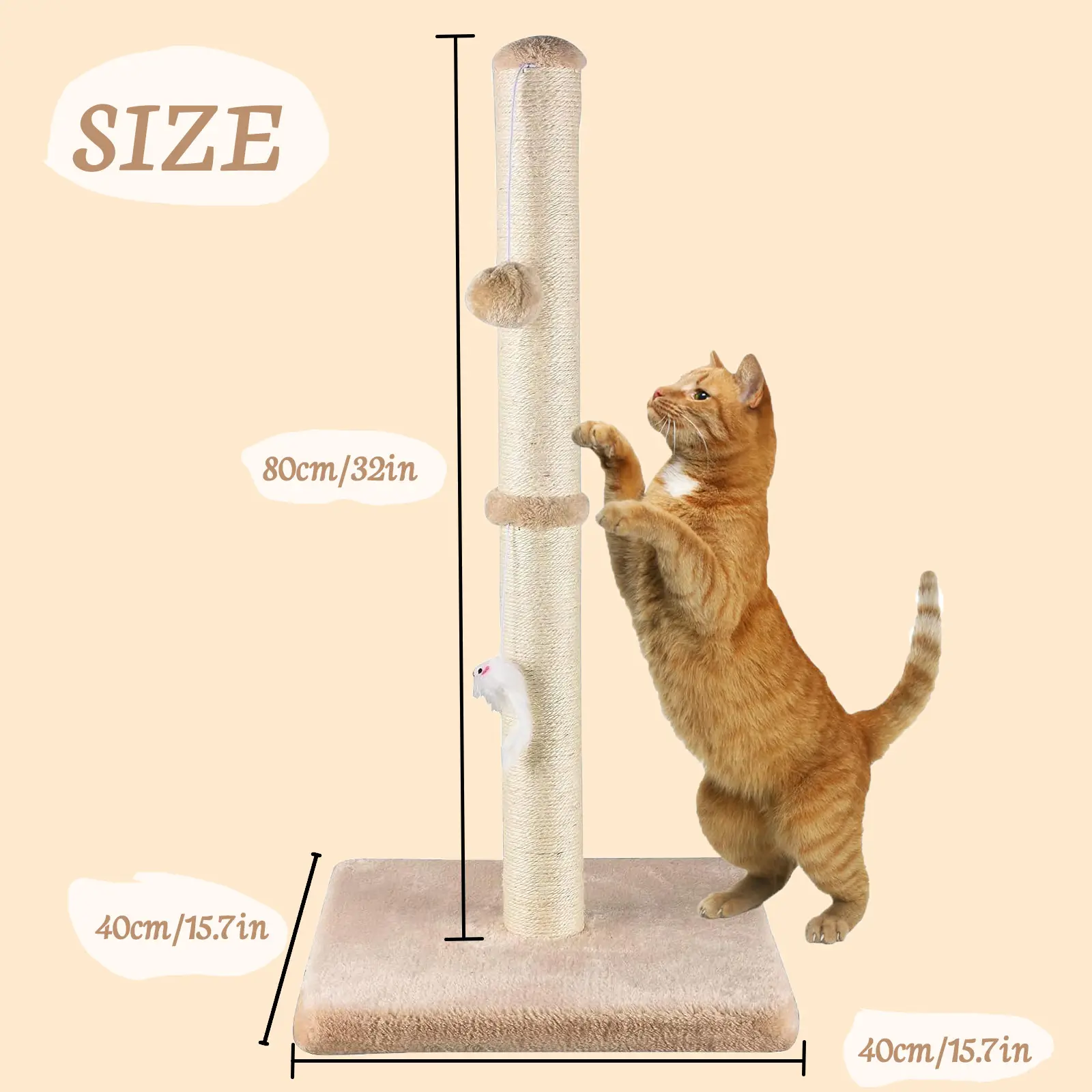 Tall Cat Scratching Posts For Indoor Cats ,And Kittens Cat Scratchers With Dangling Ball Vertical Scratcher With Premium Sisal，Rice brown