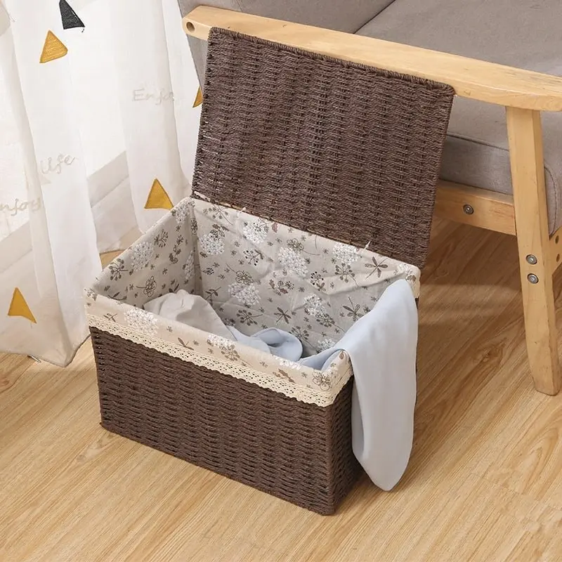 Set of 3 Natural Wicker Storage Baskets with Lid Lined Organizer Boxes for Clothes Toys