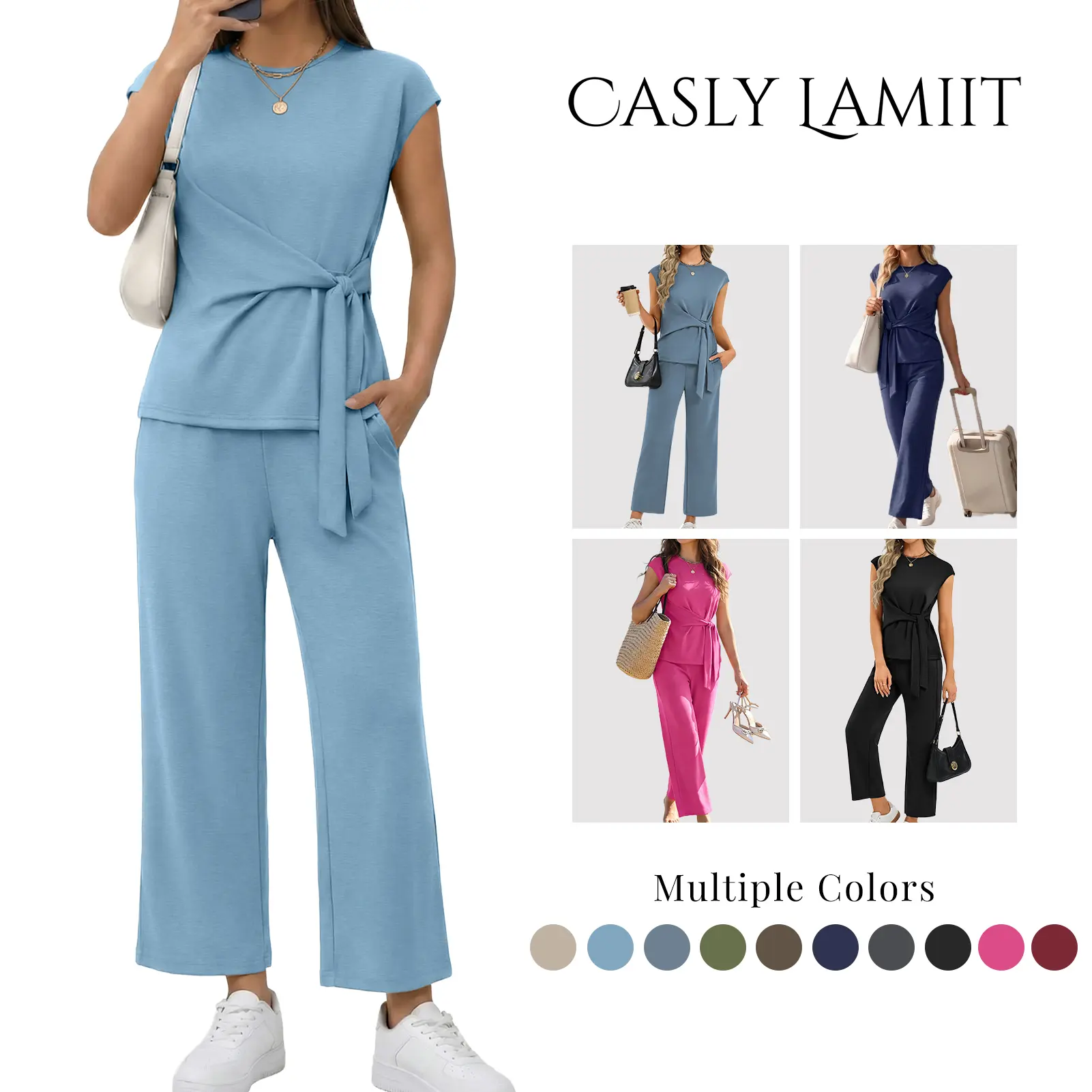 Women's Classy 2-Piece Clothing Set - Breathable Fabric, Cap Sleeve Top, Tie-Waist Cropped Wide Leg Pants, Elegant Lightweight Style for Everyday Day Wear, Clothes, Lady, Outfits, Women 2 Set, Crew Neck, Short Sleeves, Basics, Low Iron, Ready To Wear, Sel
