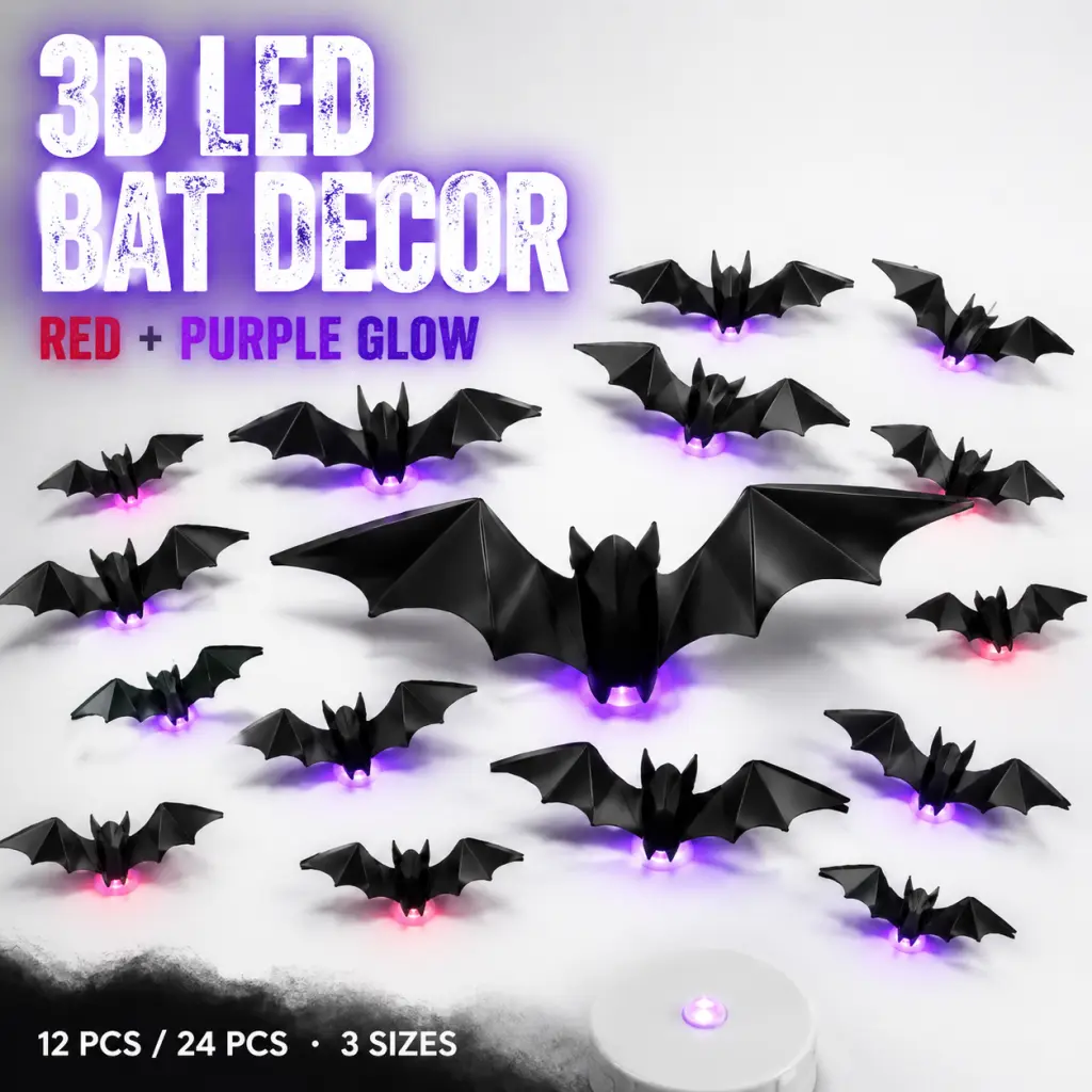 3D LED Bat Light Decorations, Battery-Powered Red & Purple Glowing Lights (12Pcs/24Pcs), Easy-Install Bendable PVC Wall Stickers (3 Assorted Sizes, Non-Remote) for Halloween Indoor Window Door Party Gothic Haunted House Backdrop Decor