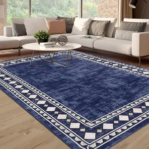 Large Area Rug, Washable Vintage Blue Bordered Soft Living Room & Nursery Dining Room Carpet - Non Slip, Stain Resistant