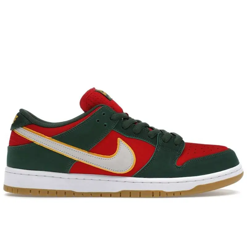 Nike SB Dunk Low Pro PRM Seattle Supersonics Sneakers – Premium Low-Top Skateboarding Shoes Featuring Seattle Supersonics-Inspired Green and Yellow Colorway, Durable Leather and Suede Upper, Enhanced Cushioning, Padded Comfort, Nike SB Branding