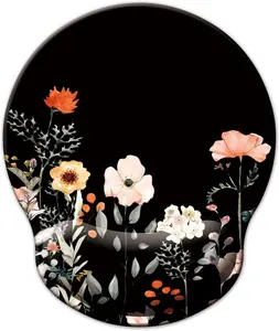 Mouse Pad with Wrist Support, Ergonomic Design, Non-Slip Rubber Base, Memory Foam Wrist Rest Cushion, Flower Black Color