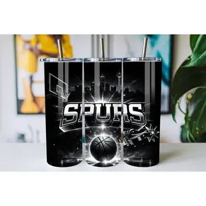 Black Silver Basketball Tumbler 20oz 30oz – Western Spurs Skyline Night Court Design Skinny Insulated Stainless Steel Cup with Lid, Minimalist Sports Fan Gift Drinkware