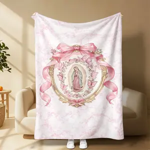 Countdown Sale! Our Lady of Guadalupe Pink Bow Frame Flannel Throw Blanket, Super Soft Warm Cozy Four Season Blanket, Stylish Religious Home Decor for Bed Sofa Travel, Perfect Sweet Faith Gift for Catholic Women & Girlfriend