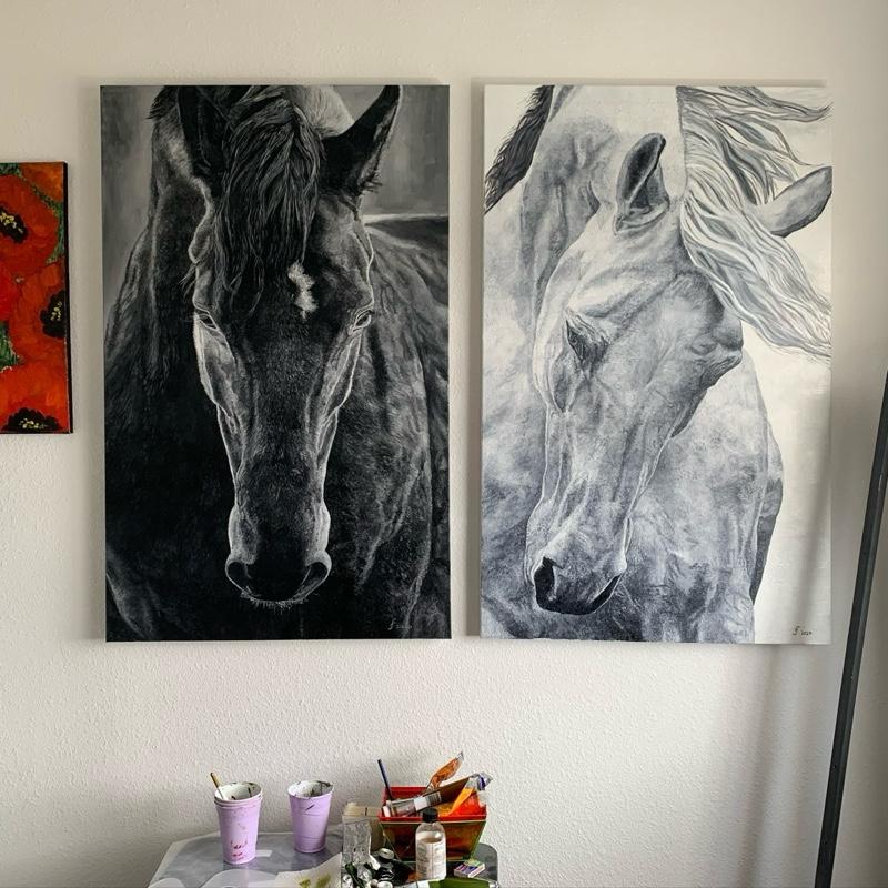 White Horse Oil Painting "Day" - Detailed Artwork Featuring Elegance and Grace