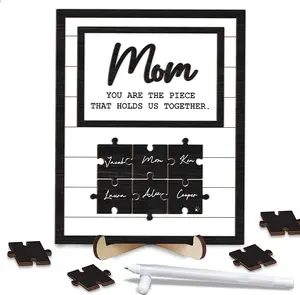 Mom Puzzle Piece Frame Wooden DIY Names with 12 Puzzle Pieces, Family Frame Sign with Pet Dog Cat Name, Mother's Day Gifts From Daughter Son