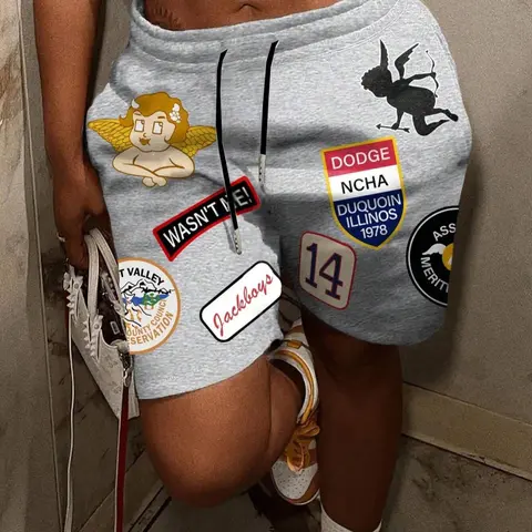 Women Graphic Printed Tie-Waist Casual Loose-Fit Shorts, Comfortable & Stylish Design for Summer, Perfect for Daily Wear & Gym Activities