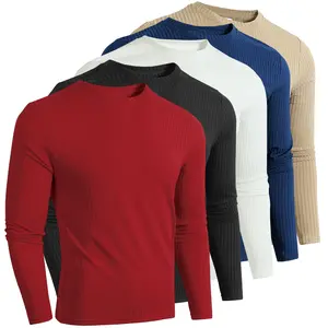 Men's 5-piece Set of Long-sleeved Shirts Round-neck Thermal Underwear Tops Casual Wear Beige Crewneck
