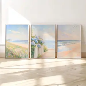 Set of 3 Pastel Coastal Wall Art - Summer Beach Art Print, Ocean Wildflowers & Blue Hydrangeas Painting Poster - Preppy Dorm Decor - Unframed - Premium Quality Graphic Artwork for Home Décor