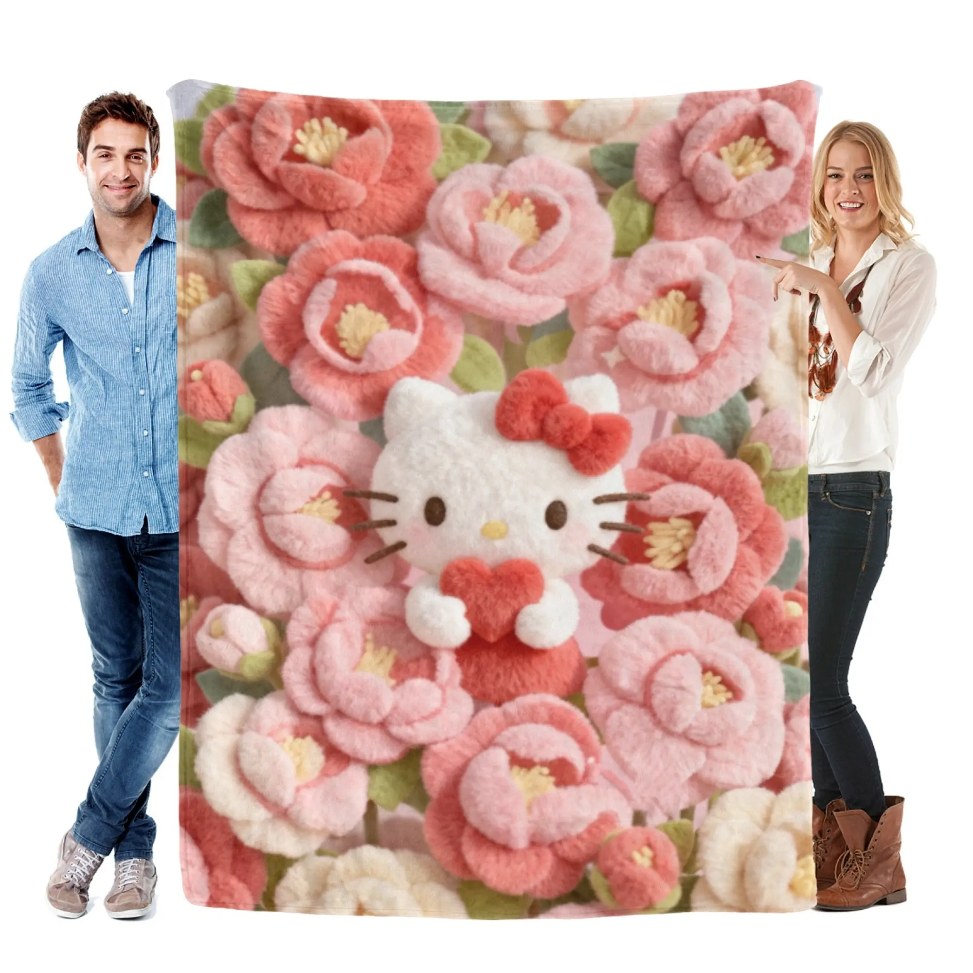 [SummerVibes] SANRIO CLASSIC Hello Kitty Faux-Felt Floral Flannel Blanket - Soft, Warm with Vibrant 2D Print, Throw for Sofa, Bed & Office Nap