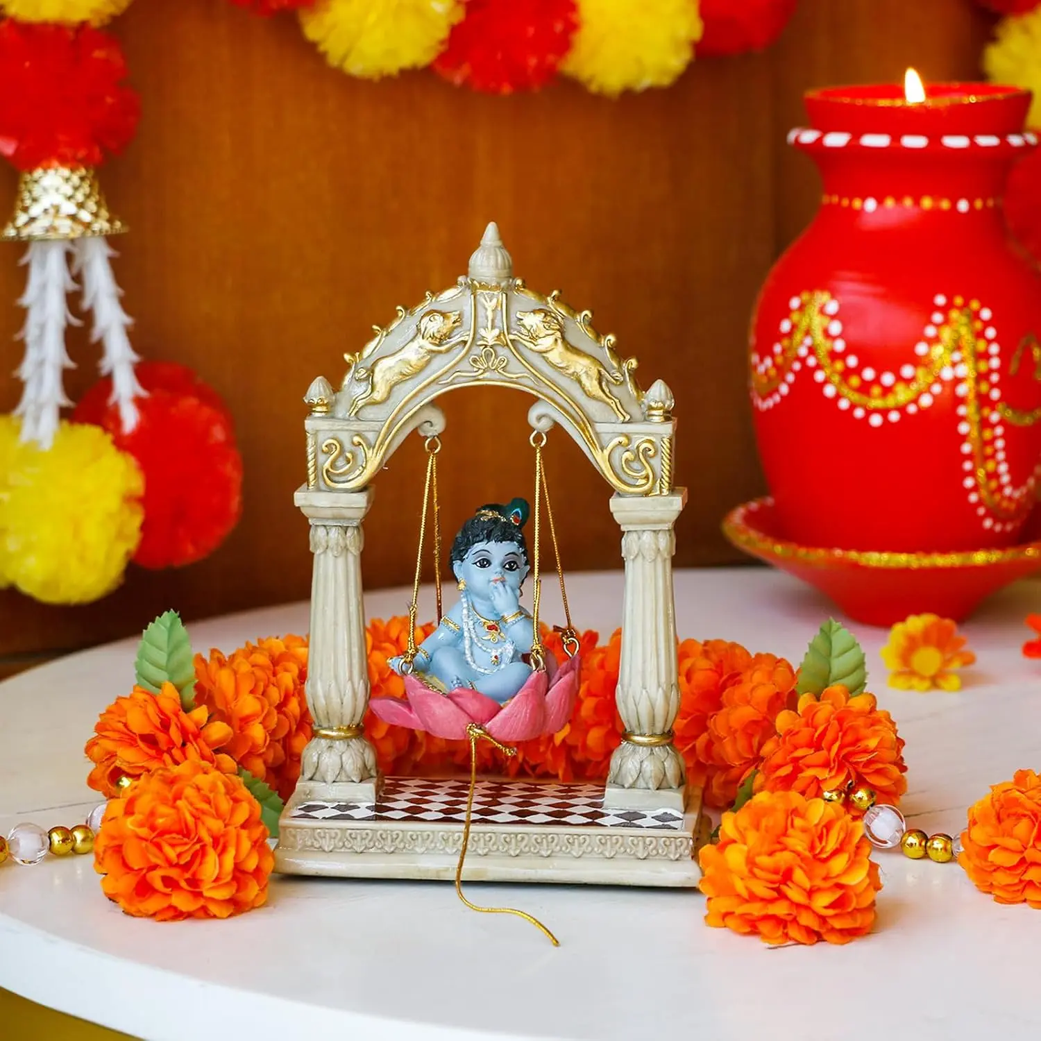 Alikiki 6.7in Hindu God Lord Krishna Stone Idol - Baby Krishna on Swing Mini India Murti, Hinduism-Inspired Religious Home Decor for Temple Puja, Home Office Ornaments