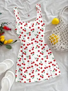 Women's Summer Casual U-Neck Backless Sleeveless Side Slit Mini Dress, Full Body Cherry Print Beachwear, Casual Fit Dress, Elegant Fashion Dress for Outdoor Activities