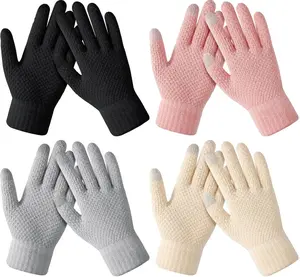 Winter Gloves for Women & Men - Warm Touchscreen Knit Gloves for Cold Weather, High-Quality Acrylic Fiber, One Size Fits Most, 4-Pack in Black Pink Beige Grey